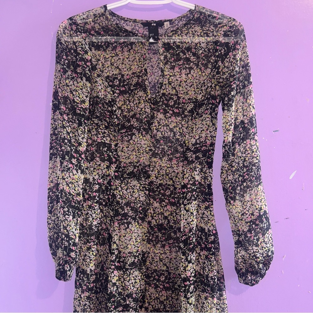 H&M Sheer Vintage Floral Print Long Bell Sleeved Flowy Midi Dress